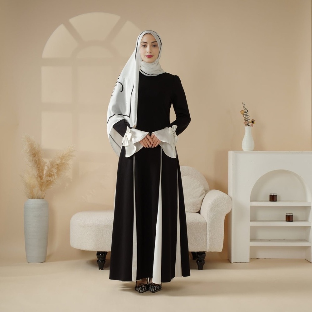 Modest Black & White Maxi Dress with Contrast Panels